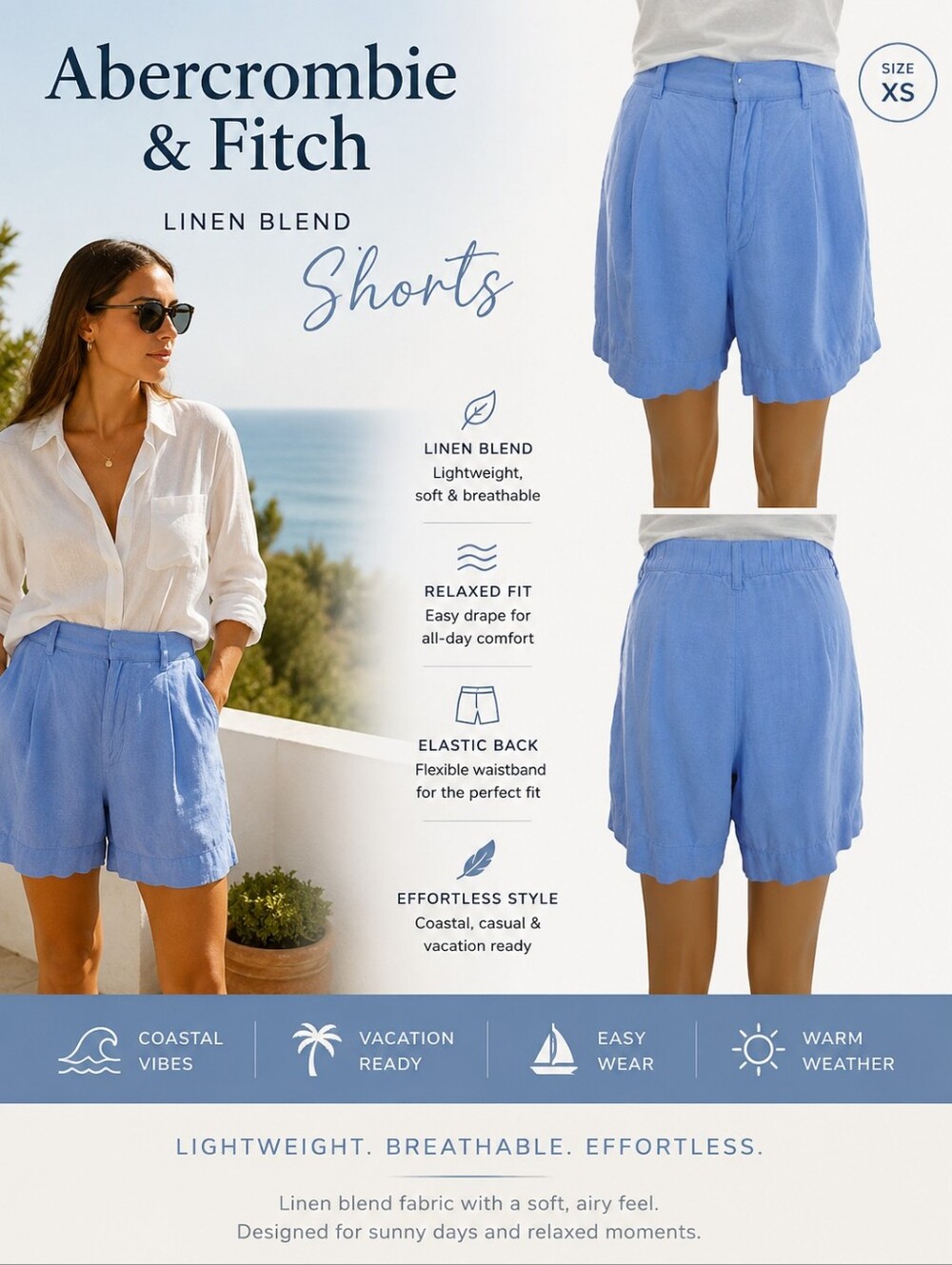 Abercrombie Tailored Pleated Linen Blend Shorts Coastal Blue Women XS Lined